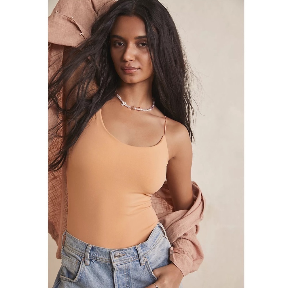 NWT FREE PEOPLE 90s Bodysuit Seamless Strappy Tank Sleek Thong in Camel XS/S